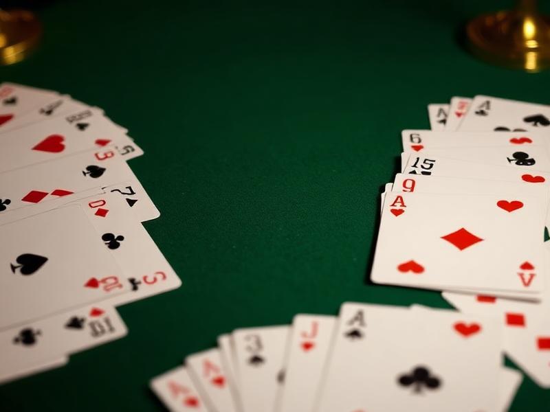 مجموعة أوراق البوكر الملونة مع رقائق البوكر على طاولة خضراء